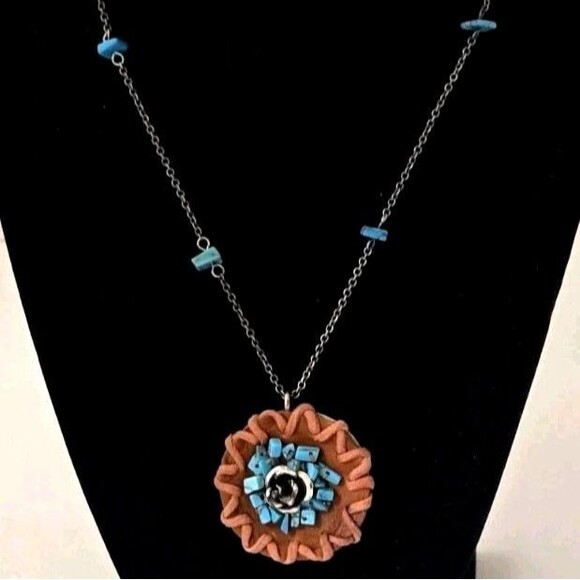 VTG South Western Style Turquoise & Leather Sterling Silver Chain Necklace - Picture 2 of 9